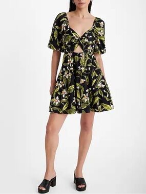 Floral V-Neck Puff Sleeve Cutout Tiered Mini Dress